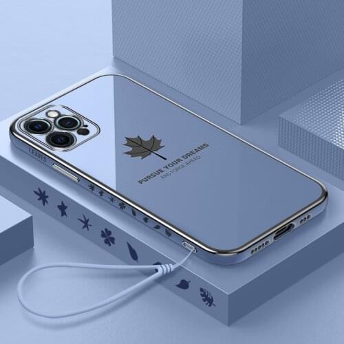 Luxury Cute Maple Leaf Square Plating Silicone Phone Case For iPhone 12 11 Pro XS max SE XR 8 7 6 Plus Ultra-thin Lanyard Cover
