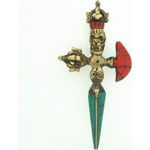 TBC845 Tibetan Handicrafts Buddhist Hayagriva Vajra Pestle Amulet Tibet Crafts Collections Brass Golden 140mm