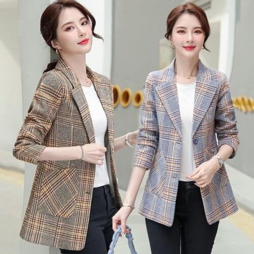 Korean Short Plaid Slim Woolen Suit Jacket Womens Spring Autumn Blazer Coat Plus Size Single-breasted Jacket Female Outwear Top