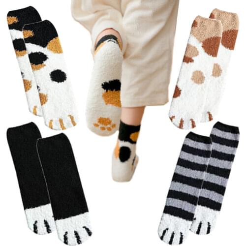 Women Plush Coral Fleece Warm Winter Socks Cat Paws Fluffy Fuzzy Thick Floor Slipper Soft Socks Comfortable