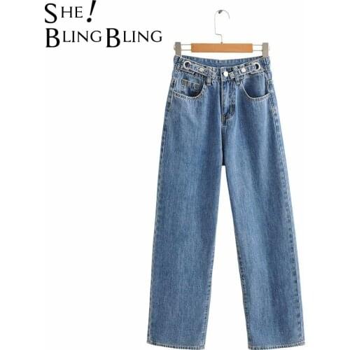 SheBlingBling Za Women 2021 Eyelet Buckle High Waist Straight Leg Jeans Autumn Washed Blue Casual Denim Pants Female Trousers