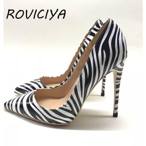 Zebra Stripe Black White Brand Women Shoes 12cm High Heel Party Ladies Pointed Toe Shallow Sexy Banquet Heeld QP057 ROVICIYA