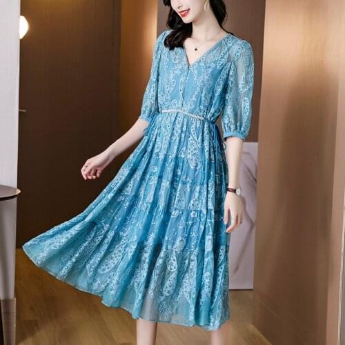 Spring Floral Embroidery Mulberry Silk Midi Dress Summer Casual Chic Lace Beach Vintage 2021 Women Elegant Bodycon Party Vestido