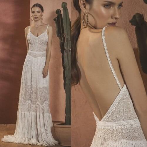 Sexy Boho Wedding Dresses Backless Sweep Train Lace Appliques Bead Beach Bridal Dress Bohemian A Line Vestidos De Novia