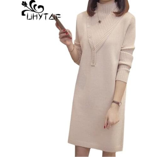 UHYTGF 2019 New Fashion Autumn Winter dress Womens Knitted Pullover turtleneck sweater dress female Loose plus size dresses 1198