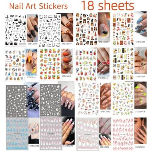 18 Sheets Nail Art Stickers Fire Flame Abstract Nail Decals 3D Self-Adhesive Abstract Lady Nail Design Summer Manicure Tips
