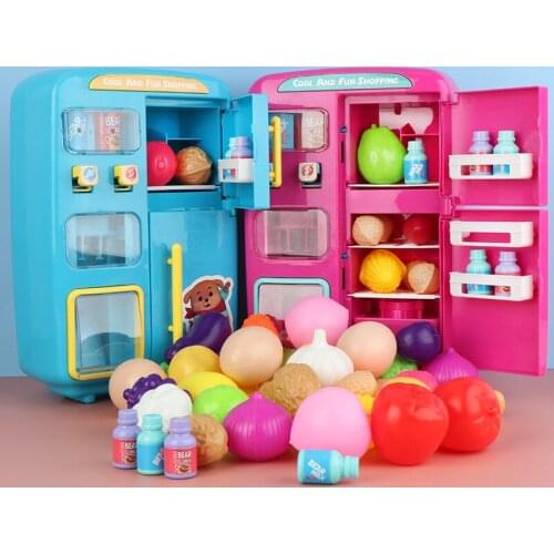 34pcs/set Simulation Vending machine Vending refrigerator with Spray Sound Music Kitchen Cooking toy Fruit Vegetable drinks sets