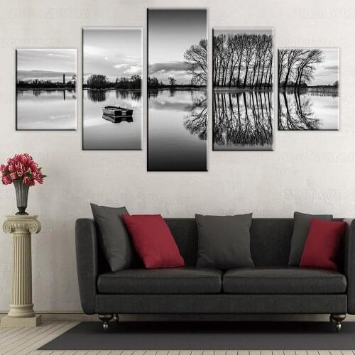 5 Pieces Black And White Pictures Ship Lake Tree Landscape Canvas Painting Art Modular Poster HD Printing Decor Living Room Wall