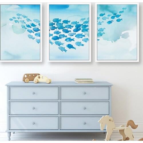 Abstract Poster Cartoon Blue Fish Group Canvas Painting Childlike Wall Art Pictures Print Room Decorative For Nursery Children