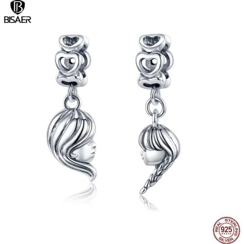 BISAER Mother & Daughter Beads 925 Sterling Silver Family Mom Charms Pendant Fit DIY Bracelet Necklace Girl Women Jewelry EFC275