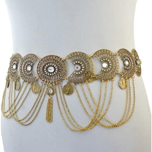Gypsy Indian Belly Piercing Dance Belt Waist Chains Sexy Femme Gold color Metal Flower Crystal Coin Tassel Body Chain Jewelry
