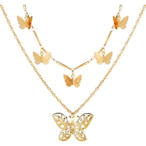 Double Layer Hollow Butterfly Pendent Necklace for Women Sweet Fairy Tale Vintage Insect Metal Necklaces Fashion Jewelry Gift