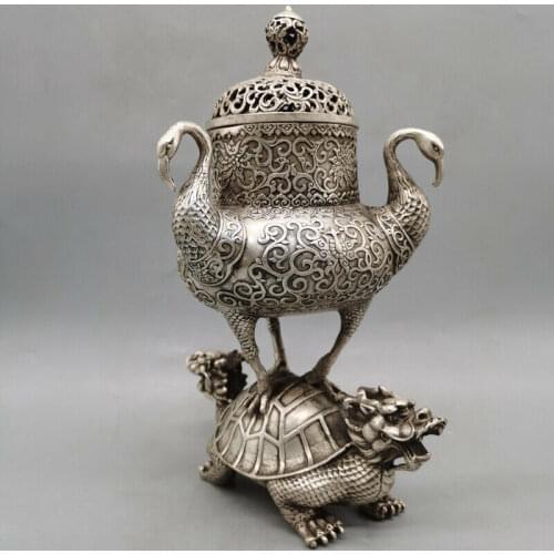 China White Copper Silver Turtle Crane Incense Burner Censer Bronze Statue