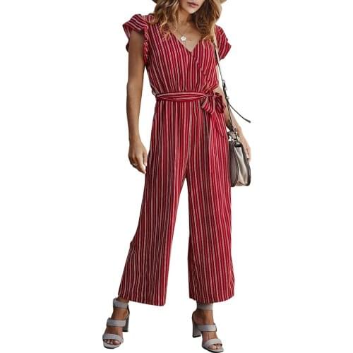 Summer Temperament Striped Sexy Jumpsuit V-neck Lace-up Lotus Sleeve Casual Pants stripes ,thin,,Summer,Slim,Casual pants