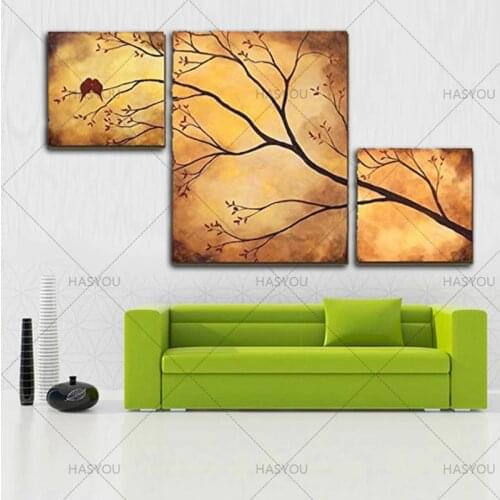 2017 Promotion The Bird On Tree Branch Oil Painting By Numbers 3 Pieces Set Handmade Colorful Canvas Wall Paintings For Home