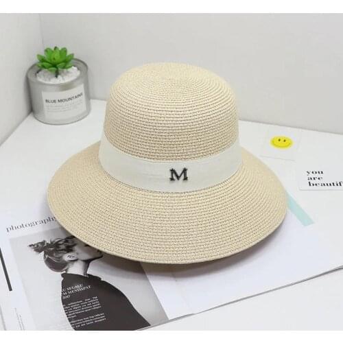 New Sun Hat Female Summer Womens M Letter Dome Top Straw Cap Visor Caps Ladies Sun Beach Bowler Hats For Women