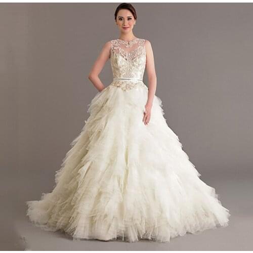 New Wedding Bridal Gowns Sheer Crew Ruffle Tiers Tulle Ball Gown Pearls Bridal Wedding Dresses 2015 Vestidos