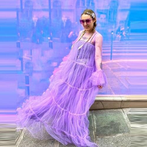 New Fashion Tulle Overlay Dress Long Sleeves See Thru Ruffles Pleated Plus Size Women Maxi High Street Tulle Cloth