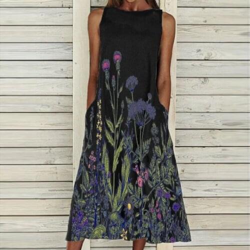 Sleeveless O Neck Long Dress Women Floral Print Daily Plus Size Casual Maxi Dress With Pocket Vintage A Line Dress Vestidos