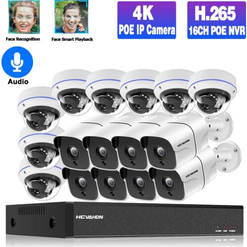 POE IP Security Camera System 16ch NVR Kit POE 4K 8MP Outdoor Waterproof Audio CCTV Dome Video Surveillance Camera System Set