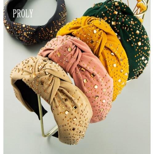 PROLY New Fashion Women Hairband Wide Side Headband Rhinestone Headwear Adult Soft Turban Autumn Hair Accessories Wholesale