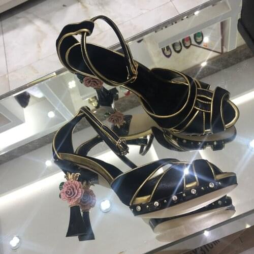 Summer Sandals Women Floral Heels Shoes Women Leather Sandalias Mujer Peep Toe Zapatillas Mujer Mixed Color Sandalia Feminina