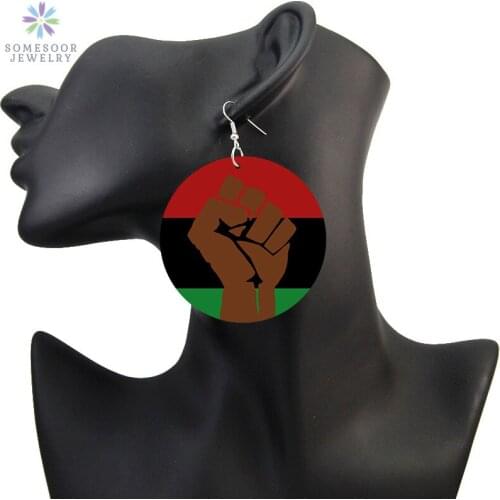 SOMESOOR Black Powerful Fist Design Print African Wooden Drop Earrings Melanin Poppin Dope Loops Dangle Jewelry For Women Gifts