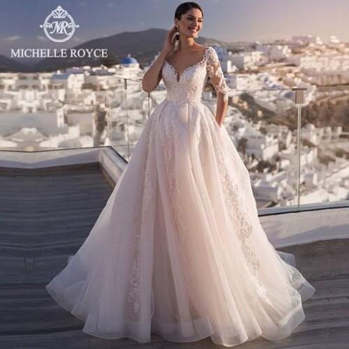 Michelle Royce A-Ling Wedding Dresses 2020 V-neck Half Sleeve Appliques Cut-Out Button Chapel Train Bridal Gown Vestido De Noiva