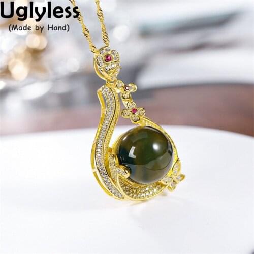 Uglyless Spring Crystals Flowers Butterfly Pendants Necklaces for Women Water Drop Hollow Blue Amber Jewelry 925 Silver + Chain