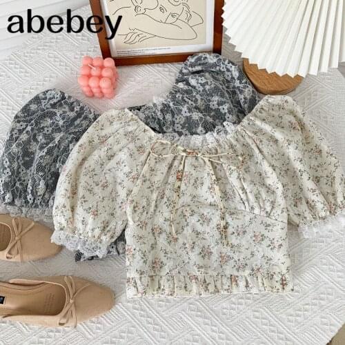 Temperament slash neck puff sleeve Shirt lace up bow lace patchwork high waist pleated floral short Shirt Top 2021 New Summer