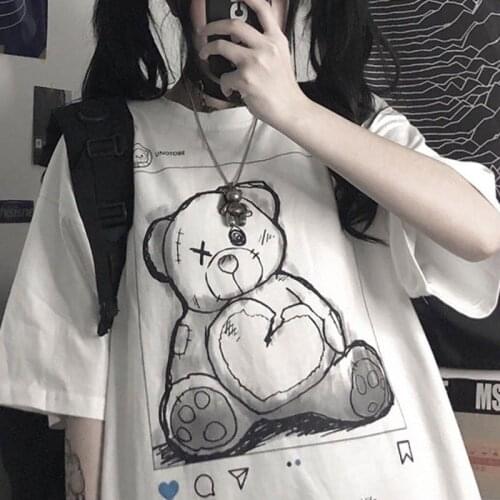 Korean dropshipping cute Bear hip hop vintage Letter punk Gothic clothes top Short sleeve Large print Harajuku women t-shirt