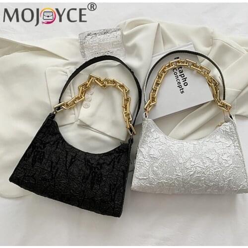 Women Pleated Flowers PU Leather Underarm Bag Vintage Thick Chain Handbags Purse Elegant Ladies Handbag Shoulder Bag