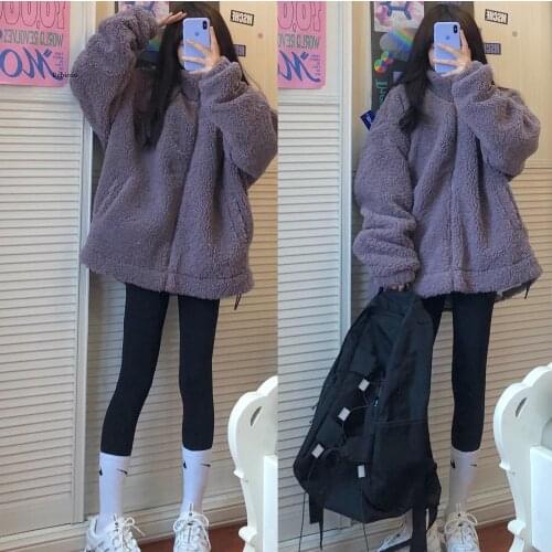 Women Faux Lamb Wool Pullovers Casual Winter Crew Neck Femal Fleece HoodiesSwe Knitted Pink Brown Clothing