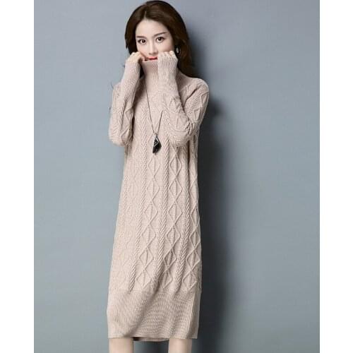 Women Dress Wool 2021 New Spring Korean Fashion Turtleneck Knitted Dress Long Sleeve Sweater Casual Pullover Large Size XXXL