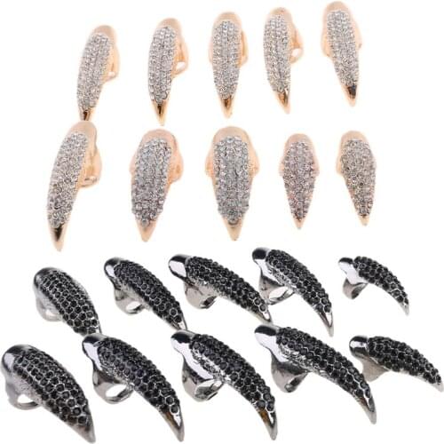 10 PCS Halloween Costume Claws Fake Nails Ring Set, Gothic Punk 3 Sizes Crystal Full Finger Rings Paved Paw Bend Fingertip Claw