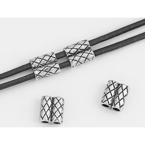 20pcs Tibetan Silver Geometric Pattern Double Hole Slider Beads Spacer For 2mm Round Leather Cord Bracelet Jewelry Findings