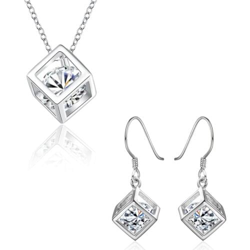 2018 New Jewelery Wholesale Cube Zircon Dice Necklace Earrings Lady Girl N925 Stamp Silver color-plated Gift Box Delivery S813