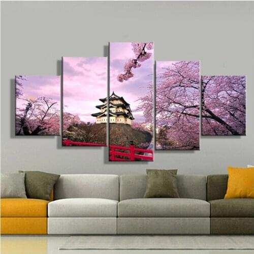 5D Diy Full round Diamond Painting 5Panel Cherry Blossom Japan Scenery Embroidery Cross Stitch Mosaic living room DecorZP-3133