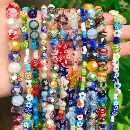 Irregular Multiflower Lampwork Glass Beads Flat Round Star Heart Flower Loose Seed Beads for Jewelry Making DIY Handmade Bracele
