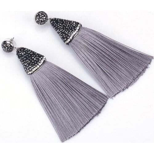 Bohemia Boho Grey Gloomy Silk Fabric Thick Tassel With Black Rhinestone Cap Connector Studs Dangle Tassel Earring For Women