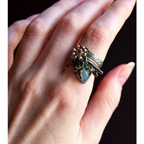 Key rings Green opal stone Unique design Promise jewelry top quality fast shipping Leaf finger ring for women