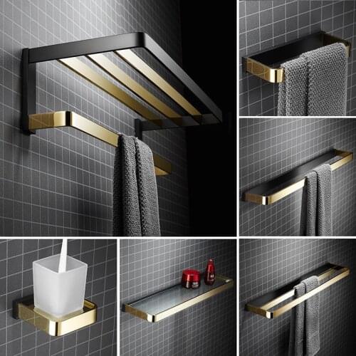 Black & Gold Bathroom Hardware Accessory Set Brass Towel Rack Paper/Toilet Brush Holder Corner Shelf Soap Dish Safety Handrail