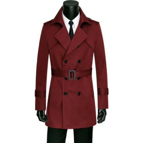 Business spring slim sexy trench coat mens casual overcoat long sleeve men Double-breasted clothing outerwear autumn wine red 89