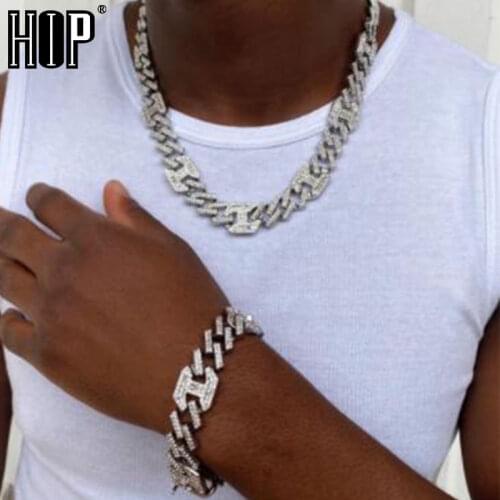 Hip Hop 17MM Silver Color Bling AAA+ Iced Out Alloy Rhinestones Coffee Bean Prong Cuban Chain Bracelet Necklace For Men Jewelry