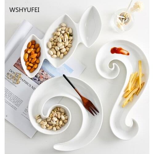 WSHYUFEI Pure White Ceramic Tableware Dessert Plate Home Kitchen Tableware Dinner Plate Divided Dried Fruit Fruit Plate