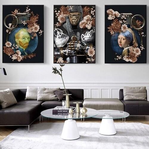 Classic Famous Painting Synthetic Grenade Creative Illustration Animal Monkey Poster Vintage Decoration Pictures for Living Room