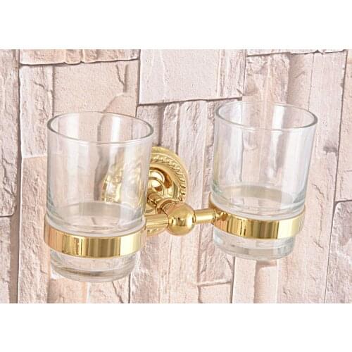 Gold Color Brass Toothbrush Holder With Double Glass Cups Wall Mounted Bathroom Accessories aba600
