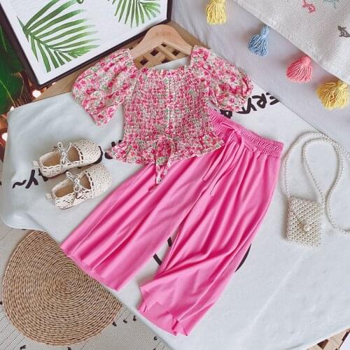 Summer New Girls Children Clothing Set Baby Girl Korean Suit Chiffon Floral Blouse and Wide Leg Pants Two-piece Kids Clothes