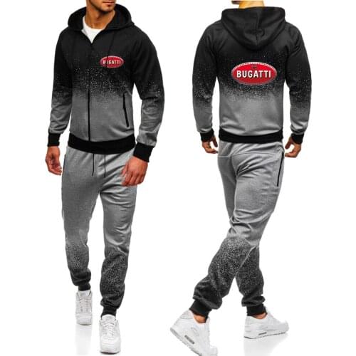 Bugatti Logo 2021 Spring suit mens fashion hoodie suit sweatshirt + sweatpants Gradient fleece hooded pullover 2-piece set