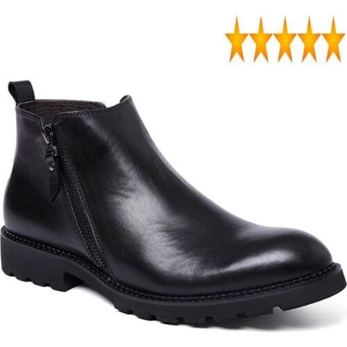 Mens Winter Warm Fleece Lining Ankle Zipper British Real Cow Leather Knight Boots Black Business Man Formal Shoes Footwear
